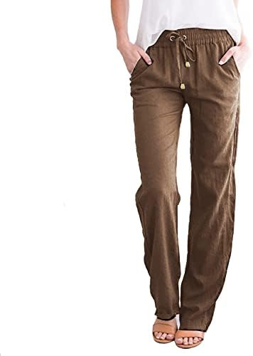 מכנסי פשתן בגודל MTSDJSKF פלוס, מכנסי פשתן רופפים ברגל גבוהה רגילה עם מכנסיים לכיסים מכנסיים של מכנסי נשים