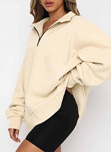 Actloe נשים סווטשירט גדול רוכסן רוכסן חולצות סוודר חולצות טיפה כתף שרוולים ארוכים 1/4 סווטשירטים של צמר רוכסן