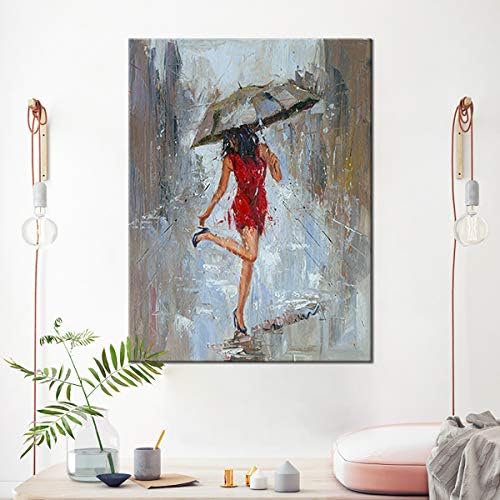 מופשט קיר אמנות גשם מודרני בד ציור ילדה מטרייה עם אדום שמלת הליכה ברחוב דמות יצירות אמנות