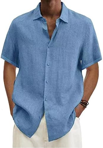 כפתור אופנה לגברים של Seganup חולצות שרוול קצר כותנה מזדמנים פשתן חולצות חוף רגילות מוצקות