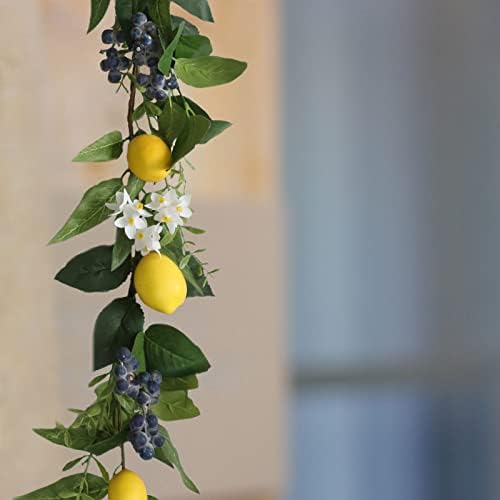 Fairylee 6 ft גרלנד לימון מלאכותי, זר ירק אביב עם לימונים פרחים לבנים אוכמניות ועלים ירוקים זל פרי קיץ לדלת