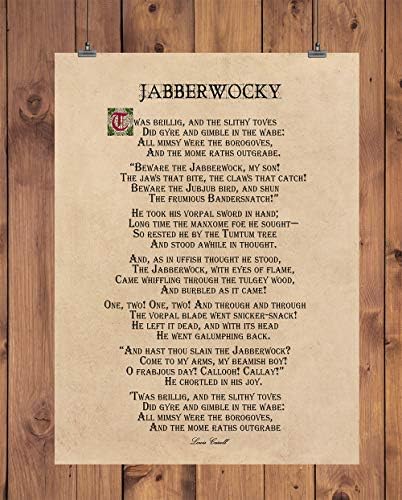 Jabberwocky שיר אמנות קיר, הדפס לא ממוסגר 11 x14 - גרסה מדהימה של Jabberwocky מאת לואיס קרול,