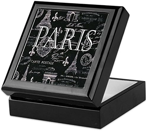 Cafepress Paris Black -לבן Box Keepake, קופסת תכשיטים עץ קשה, קופסת מזכרת מרופדת קטיפה