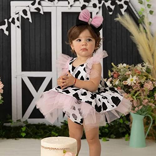 Hahuha פעוט תינוקות בנות רומפר שמלת תינוק הדפס פרה בגדי טול