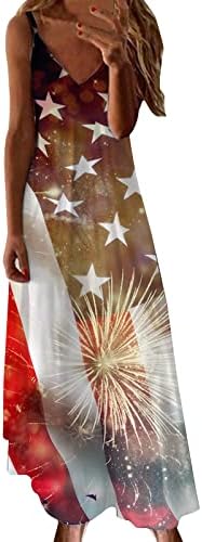 4 ביולי להחליק שמלות לנשים דגל יום העצמאות מזדמן רופף צווארון שרוולים מקסי ארוך כוכב פסים שמלה