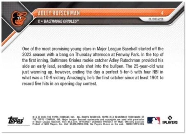 2023 טופס עכשיו בייסבול 4 אדלי רושמן בולטימור אוריולס ר. סי. רוקי יום פתיחה 5 ל-5 כרטיסי מסחר רשמיים של ליגת