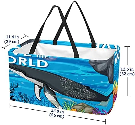 תיקי קונים של 50L חוסכים את העולם לוויתן ענק לוויתן מתקפל קופסת קניות תיק מכולת עם ידיות, ניתן לשימוש