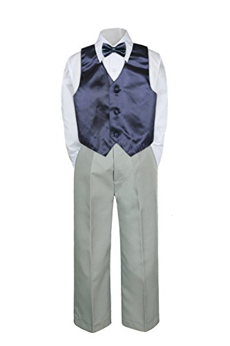4 pc פורמלי תינוק פעוט בוי כחול נייבי אפוד כחול עניבת מכנסי כסף S-7