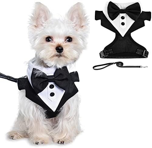 רתמת טוקסידו של כלבים עם עניבת פרפר לכלבים קטנים - לבוש לחתונה כלבים מתכווננת ונשימה וחליפת כלבים