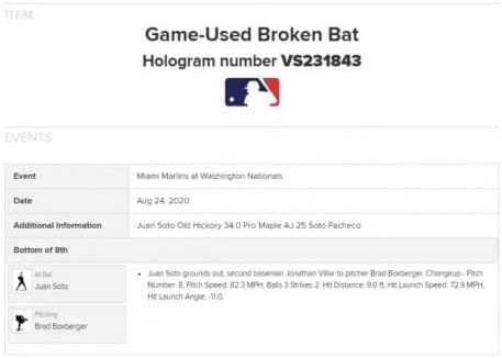 משחק חואן סוטו וושינגטון נשינה השתמש ב- BAT 2020 MLB Auth, 6 להיטים בסך הכל - משחק MLB השתמש בעטלפים