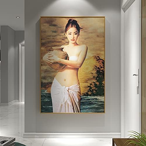 ציור שמן מצויר ביד של אישה מחזיקה בקבוק ציור שמן קיר בד אמנות סלון חדר שינה מטבח חדר אמבטיה משרד מסדרון