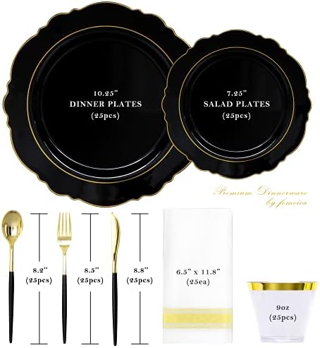 FOMOICA 175 יחידות צלחות פלסטיק שחורות עם כלי כסף זהב שחור - צלחות ארוחת ערב לשימוש חוזר, מזלגות, כפיות,