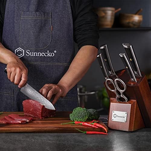 ערכות סכין סאנקו למטבח עם בלוק, סט סכין מטבח דמשק 7 יחידות, 67-שכבה יפנית וי 10 להב נירוסטה פחמן