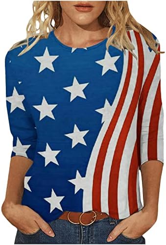 יום עצמאות דגל כוכב גרפי חולצת טי לנערות 3/4 שרוול צוות צוואר מקרית פסים חולצות חולצות נשים