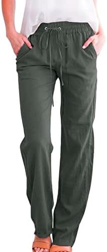 מכנסי מכנסי פשתן כותנה מכנסיים אלסטיים מזדמנים מכנסיים במותניים גבוה