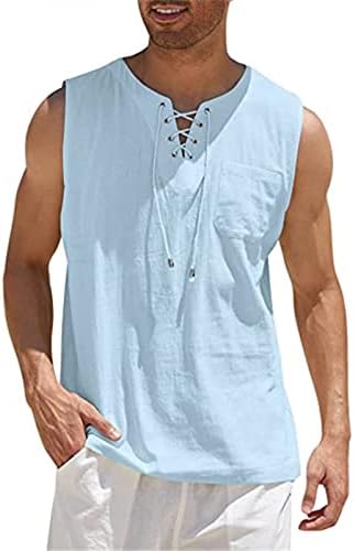 גופיות פשתן כותנה לגברים תחרה ללא שרוולים עם חולצת כיס חולצות חוף מזדמנים חולצות קיץ