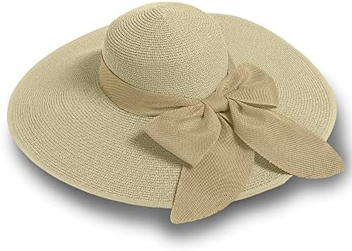 כובע שמש קש לנשים, שופט רחב UPF 50+ כובע הגנה על UV עם קשת, כובע חוף תקליטונים מתקפלים עם רצועת סנטר