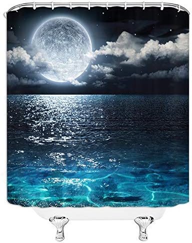 בויאן אוקיינוס ​​וילון מקלחת תפאורה ירח מלא בשמיים עננים חלומיים מככבים כוכבי ים שלווים בדים חיליים וילונות