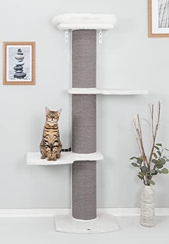 מגדל חתול טריקסי אקדיה עם תמיכה בקיר, עמוד גירוד גדול מדי, שלוש פלטפורמות, מיטה נשלפת, סוגרי קיר כלולים
