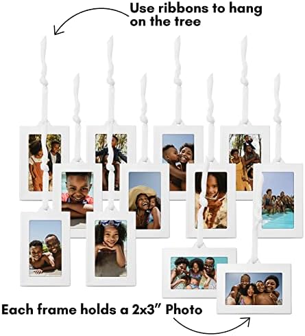 עץ משפחה לבן אמריקאי עם 12 מסגרות תמונה לבנות 2x3 תלויות וגדילי סרט מתכווננים - 22 , מתכת
