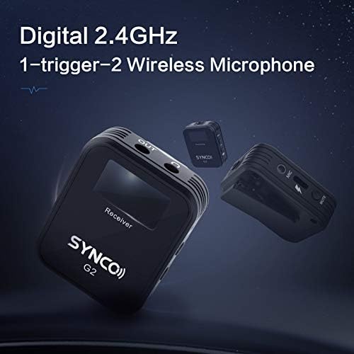 Synco G2 2.4GHz-Wireless-Lavalier-Microphone-System מסך TFT עם מקלט 1 ， 2 משדר/2 LAV-MIC חיצוני,