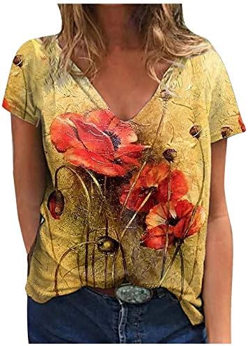 נשים קיץ חולצת טי חולצות פרחוני הדפסה קצר שרוול חולצה בציר מזדמן טוניקת טיז טרנדי רופף חולצות