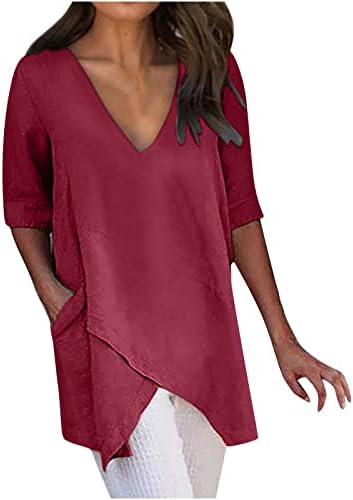 חולצות פשתן כותנה מזדמנים נשים נשים שרוול קצר V צווני טוניקה צוואר עם כיס גבוה נמוך א -סימטרי.