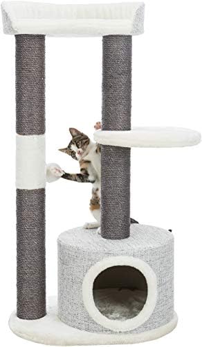 מגדל חתול טריקסי פילאר עם עמודי גירוד, דירה, שתי פלטפורמות, פלטפורמה עליונה עם משענת גב, פונפון משתלשל