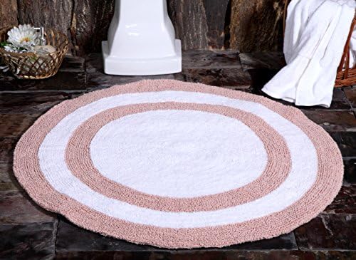 שטיח אמבטיה זעפרן כותנה 36 אינץ ' עגול, הפיך-דפוס שונה משני הצדדים, צבע אלמוגים / לבן, מצויץ ביד, 200 גרם,
