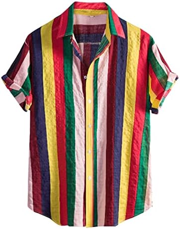 חולצות פשתן כותנה של XXBR קיץ לגברים, כפתור שרוול קצר מפוספס במורד חולצת הוואי כיתוב נינוח חולצות חוף מזדמנים