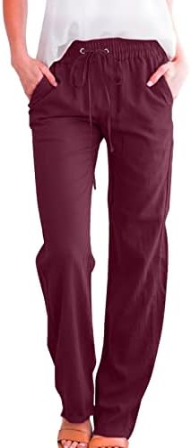 מכנסי פשתן כותנה מזדמנים של קיץ לנשים מכנסי רגל רחבים עם כיסים צבע אחיד עם מכנסי רגל ישר מכנסי חוף מכנסיים