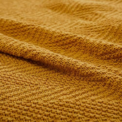 מצעי Longhui צהוב שוליים שוליים סריגה שמיכה, 60 x 80 אינץ 'כיסוי סרוג דקורטיבי עם גדילים בגודל 6 אינץ