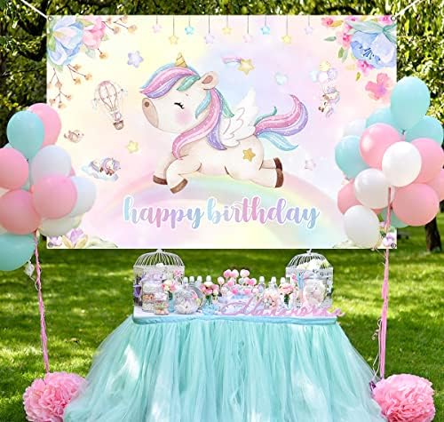 קישוט יום הולדת שמח חד קרן, רקע יום הולדת חד קרן בצבעי מים 5 על 3 רגל, רקע רקע קשת חד קרן קסום באנר למסיבת