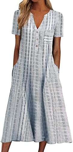 פס קיץ מזדמן לנשים מודפס מכפתור עם צווארון V שרוול קצר עם כיס שמלה ארוכה שמלת MIDI זורמת