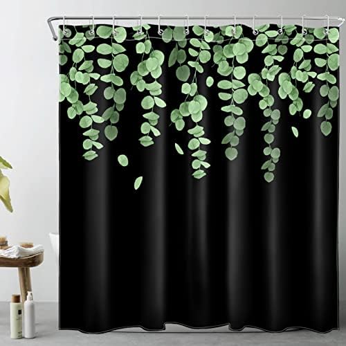 וילון מקלחת עלים ירוקים של Ecotob, עלים אקליפטוס ירוקים על רקע שחור וילון מקלחת אמבטיה, וילון אמבטיה בצבעי