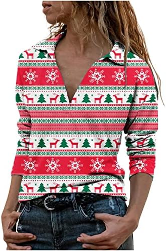 חולצת נשים אופנה כפתור חג המולד V חולצות צוואר חולצות שרוול ארוך חולצות סוודר חג המולד חולצת