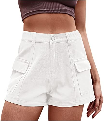 מכנסי ברמודה קצרים לנשים, כיס כפתורים מותניים גבוהים מכנסיים קצרים ארוכים בקיץ חוף מכנסיים רופפים מפעילים אימון
