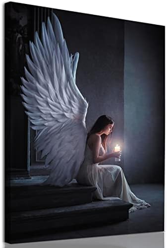 ציור מלאך לבן פוסטר כנפי מלאך תמונות מודרניות בשחור לבן תמונות מתפלל אישה קיר אמנות כחול כהה יצירה
