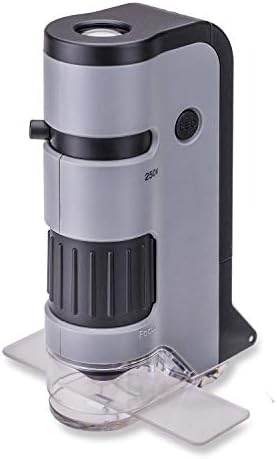 קרסון מיקרופליפ 100-250 לד ומיקרוסקופ כיס מואר אולטרה סגול עם בסיס שקופיות הפוך וקליפ דיגיסקופינג לסמארטפון