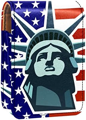 עור גלוס שפתון ארגונית עם מראה, מיני שפתון מחזיק תיק, בברכה אמריקאי דגל פסל חירות דפוס