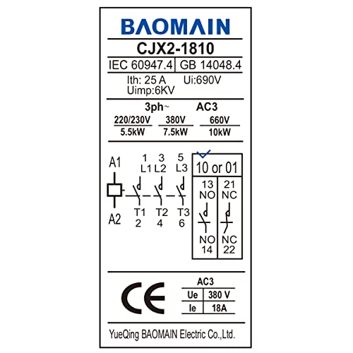 Baomain AC Contactor CJX2-1810 24V 50/60Hz סליל פתוח בדרך כלל 3 מוט 32A