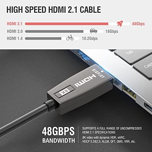 Dikuolink 8K HDMI 2.1 כבל אופטי סיבים אופטיים 50ft 4K 120Hz 8K 60Hz אולטרה מהירות גבוהה 48 ג'יגה -ביט לשנייה