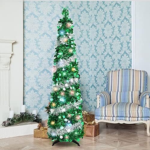 עץ חג המולד קופץ, 5ft מתקפל בעץ חג המולד מלאכותי עם 50 נורות LED, טינסל עץ חג המולד עפרון לחג מפלגת
