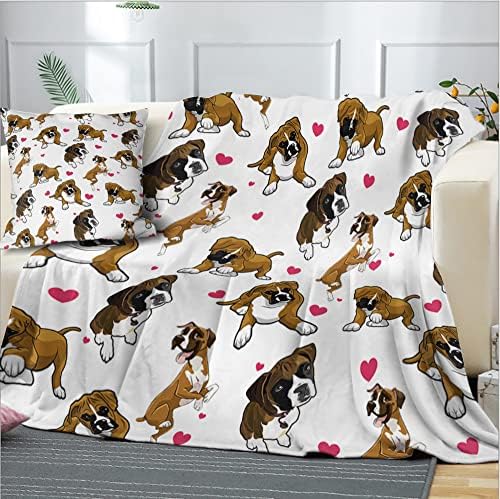 מילנקט בוקסר כלב פלנל פליס שמיכה וכיסוי כרית 18 x18, אדום לבבות מחמד הדפס כלב פלאש שמיכה גור חמוד לילדים