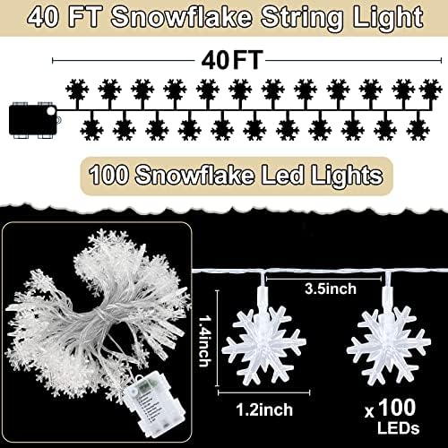 Turnmeon 100 LED 40 ft אורות חג מולד, אורות מיתר של פתית שלג סוללה אורות פיות מופעלים טיימר 8 מצבים