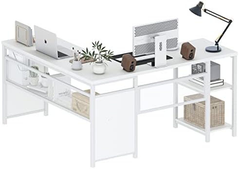 שולחן מחשב בצורת פטורי, שולחן משרדי ביתי תעשייתי עם מדפים, שולחן פינתי מעץ ומתכת כפרי