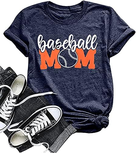 בייסבול אמא חולצה נשים אמא חולצה קצר שרוול צוואר מכתב הדפסה מקרית חולצות טיז