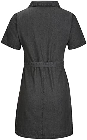 רוכסן רוכסן מיני שמלת ג'ינס דקה מתאימה לשמלת חולצת טריקו עם שרוול קצר עם חגורה שמלות ג'ין צוואר