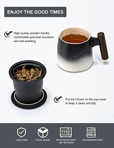 כוס תה קרמיקה של סוייקה עם ספלי תה של מכסה וידית מעץ ידית עץ לתה של עלים רופפים 400 מל, 13.5 גרם, שיפוע