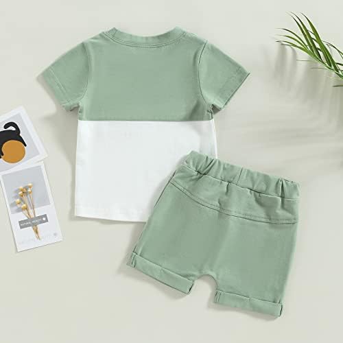RTNNSBBFCM יילוד תינוקות תינוקות בוי קיץ שרוול קצר בלוק בלוק כיס קדמי חולצת טריקו מכנסיים קצרים 2 יחידות